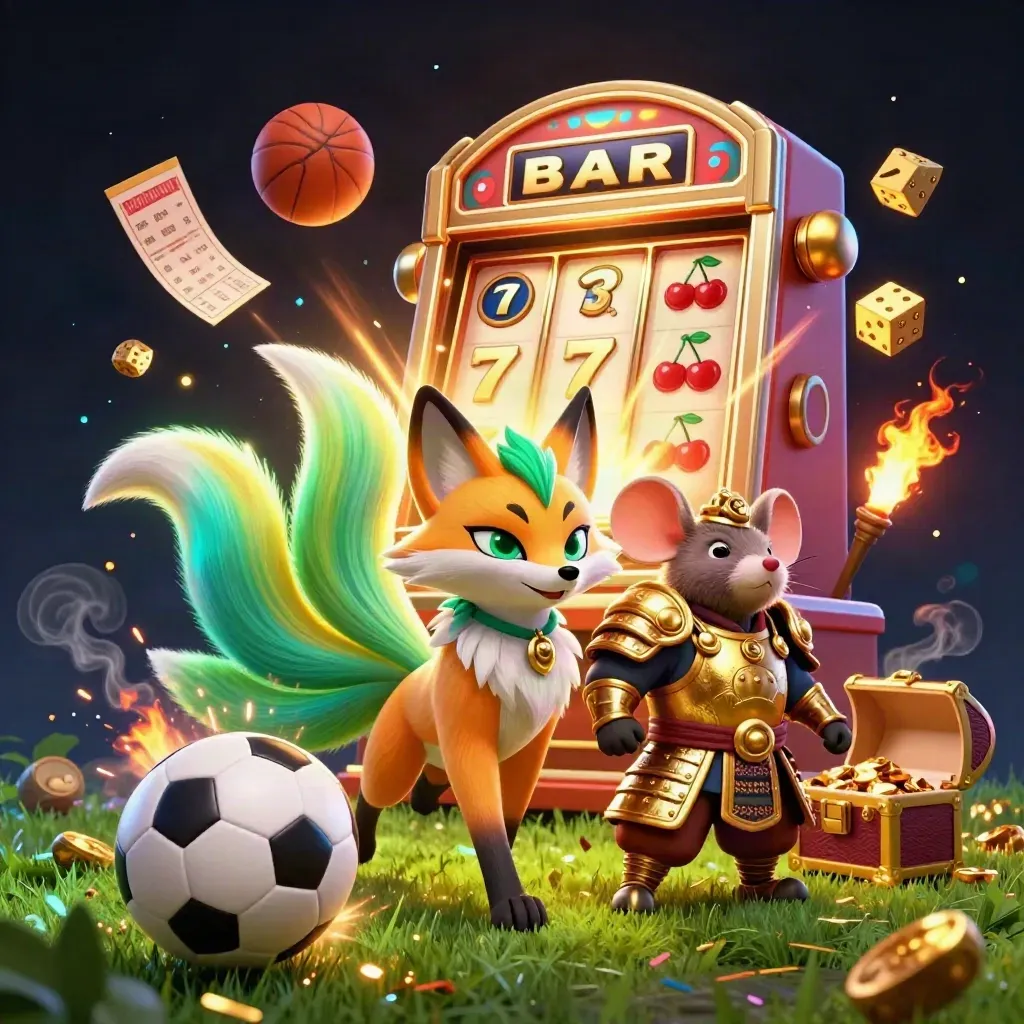 Neonfärgad rävande med ninja-mus, fotboll och casinolyx i mörk glöd.