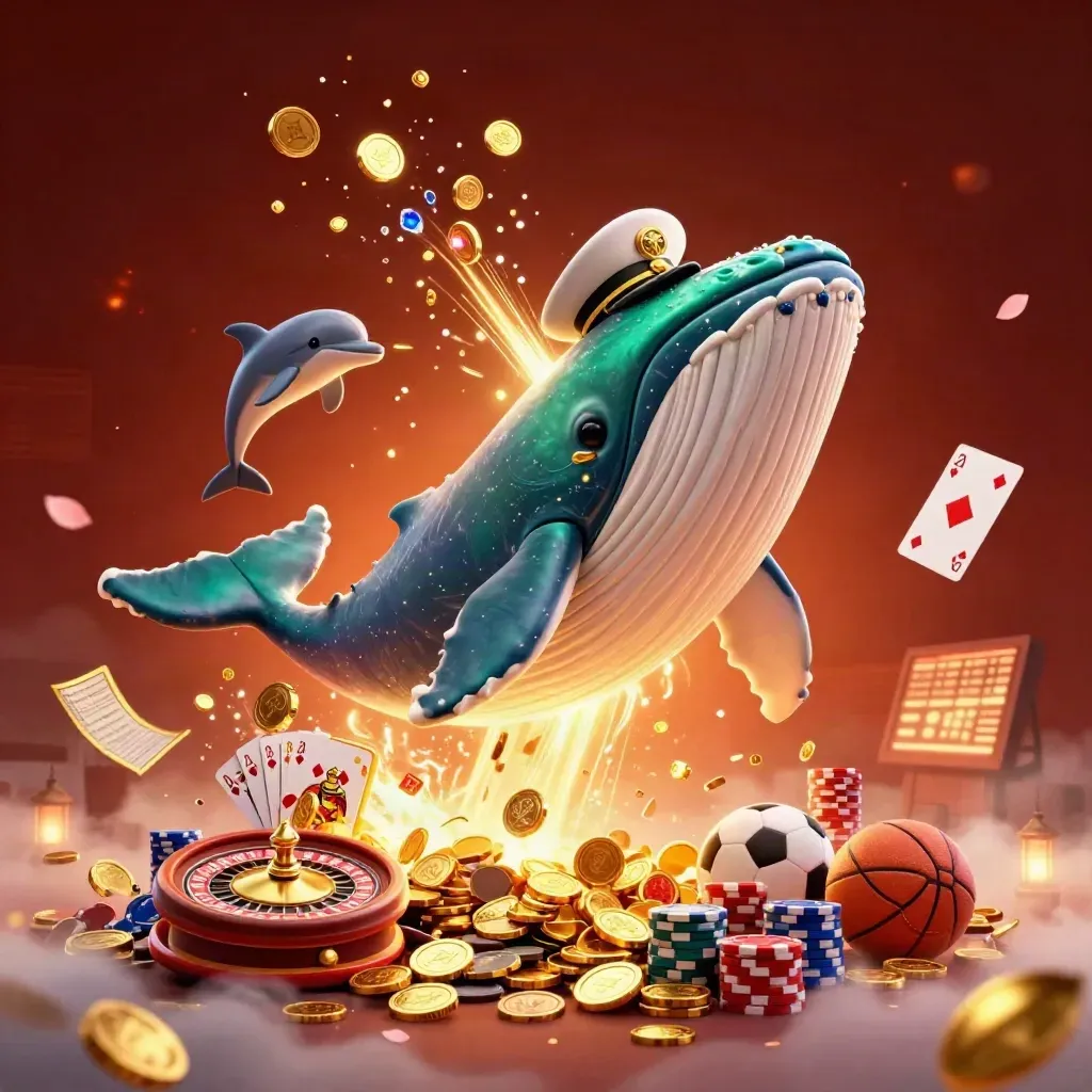 Vithaj, narval och delfiner i lyxigt casinoexplosionsljus med mynt, kort och chip.
