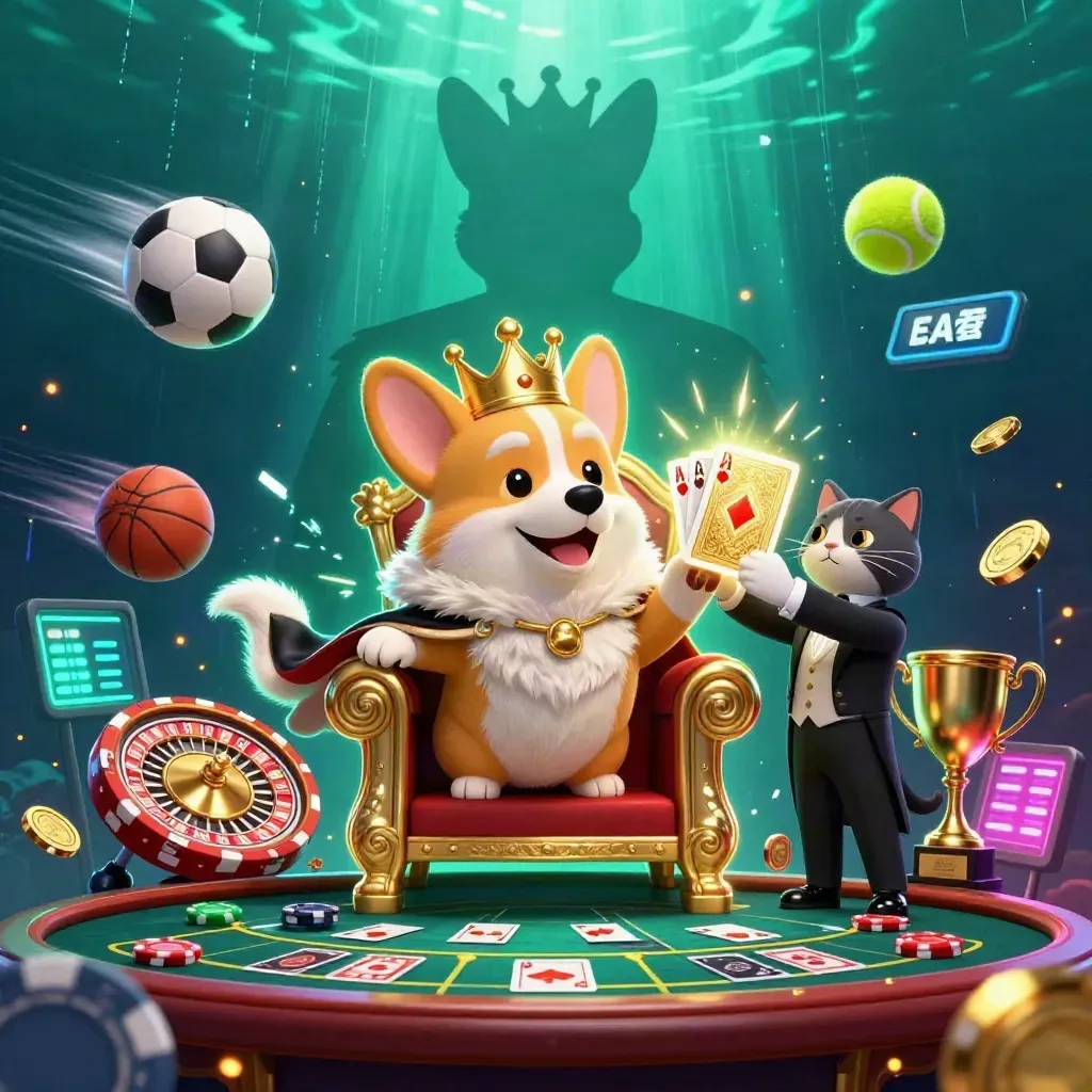 Royal corgi och kattbutler i neoncasino med sportbollar, mynt och glödande ljuseffekter.