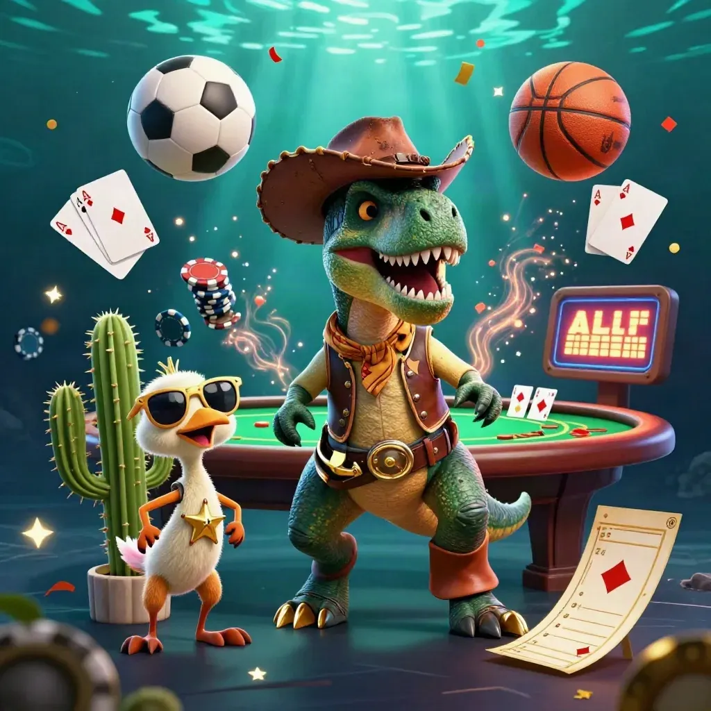Cowboy-T-Rex, kaktus och väglöpare bland pokerchips, kort, bollar och konfetti