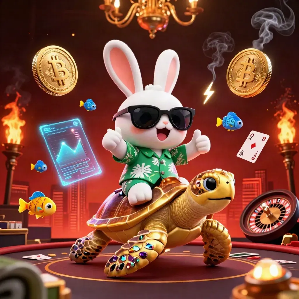 Glad kanin på gul sköldpadda med spelmynt, neon och mörk casinobakgrund