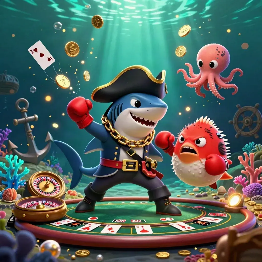 Piratshark, ilsken fisk och bläckfisk bland guldmynt i en skimrande undervattensgrotta.