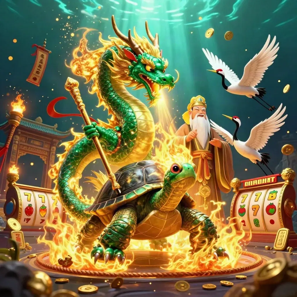 Jadegrön drake, sköldpaddssage och tranor i gyllene casinobrus med tempel och mynt.