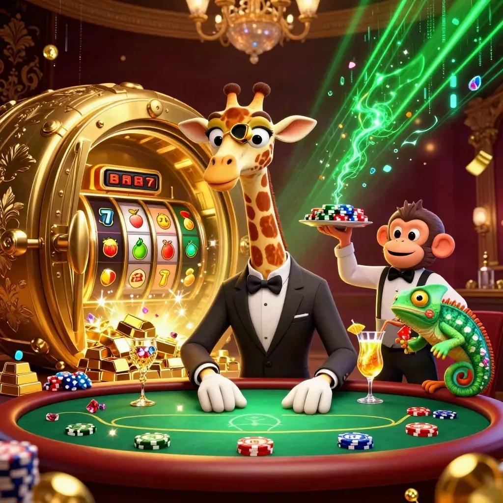 Lyxig casinoscen med giraff, apa och kameleont vid en öppnad guldtäckt skattkista.