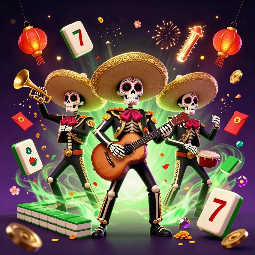 Tre skelettmariachis bland jade, lyktor och guldgnistor i lila nattljus.