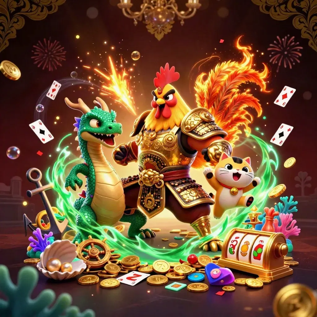 Samurajtupp, drakhatchling och lyckokatt i skimrande casinotreasure med grönt guldskimmer.