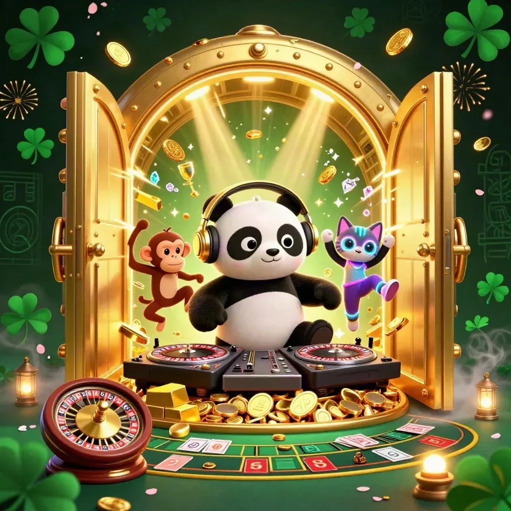 Panda-DJ, apa och katt dansar vid öppet skattvalv med guld och neon i kasino-stil.