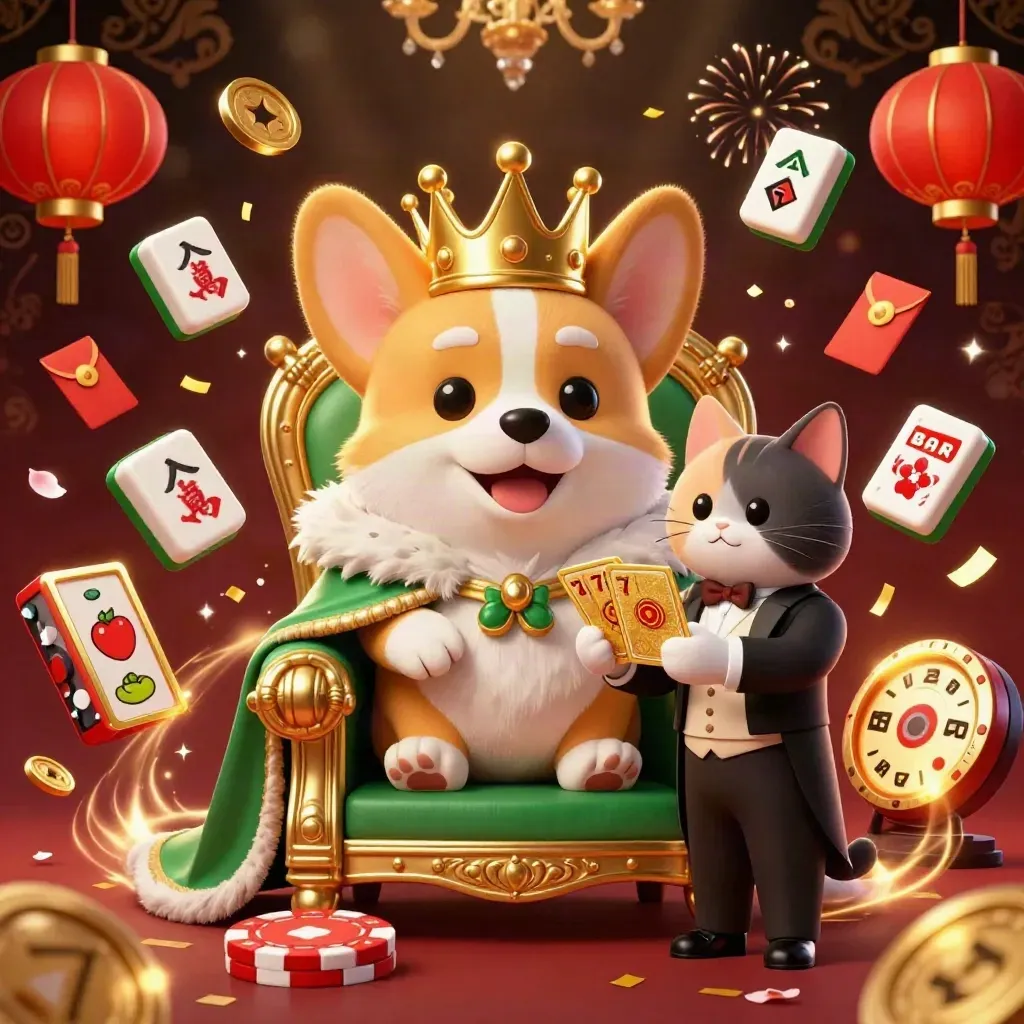 Kunglig corgi och kattbutler i lyxigt casinokaos med mynt, lyktor och konfetti.