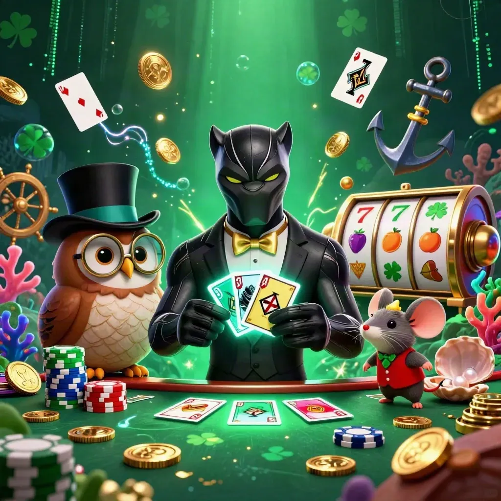 Panter, uggla och mus i lyxig casinohimmel med guld, grönt och neon
