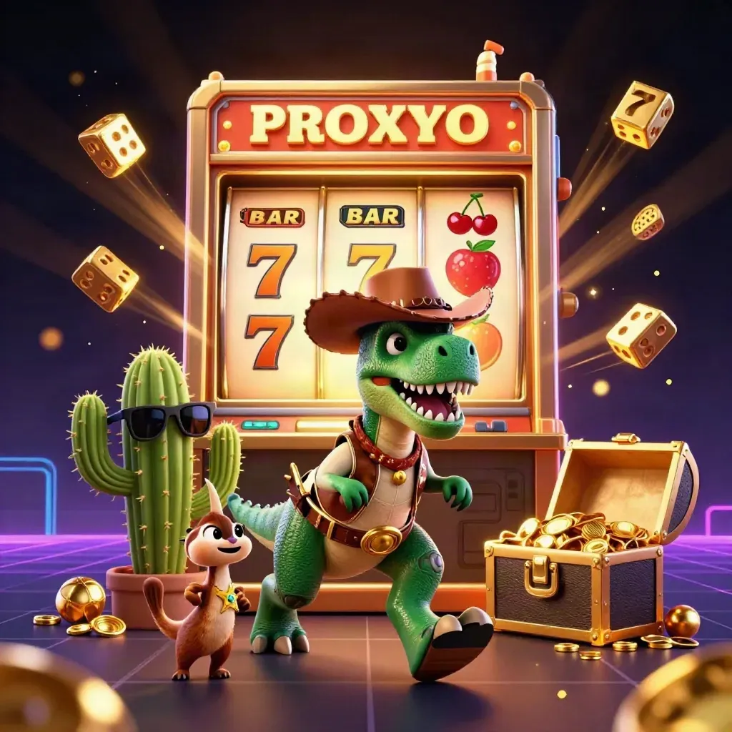 Cowboy-T-Rex med cactus och roadrunner framför glödande slots och guld i mörk neon.