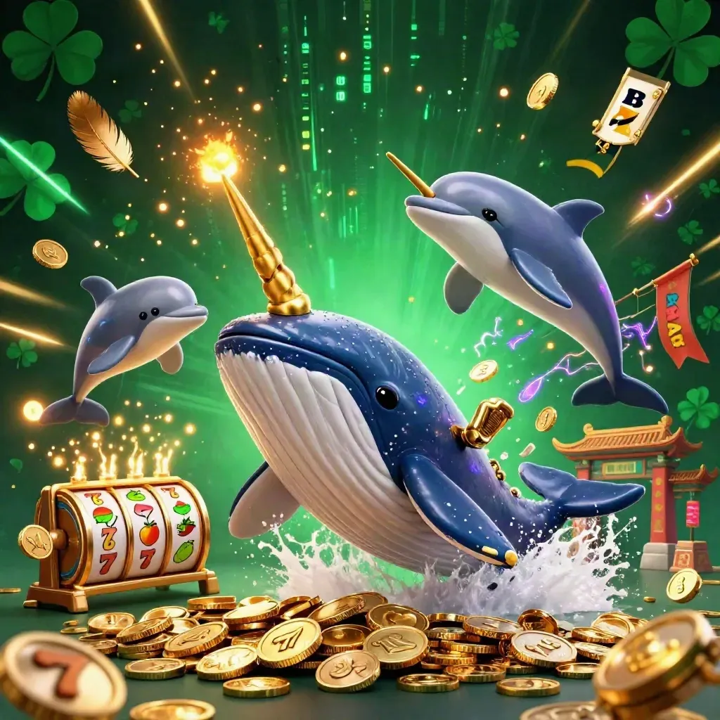 Kaptenval, narval och delfiner i ett lyxigt casinoolandskap av guld och smaragd.